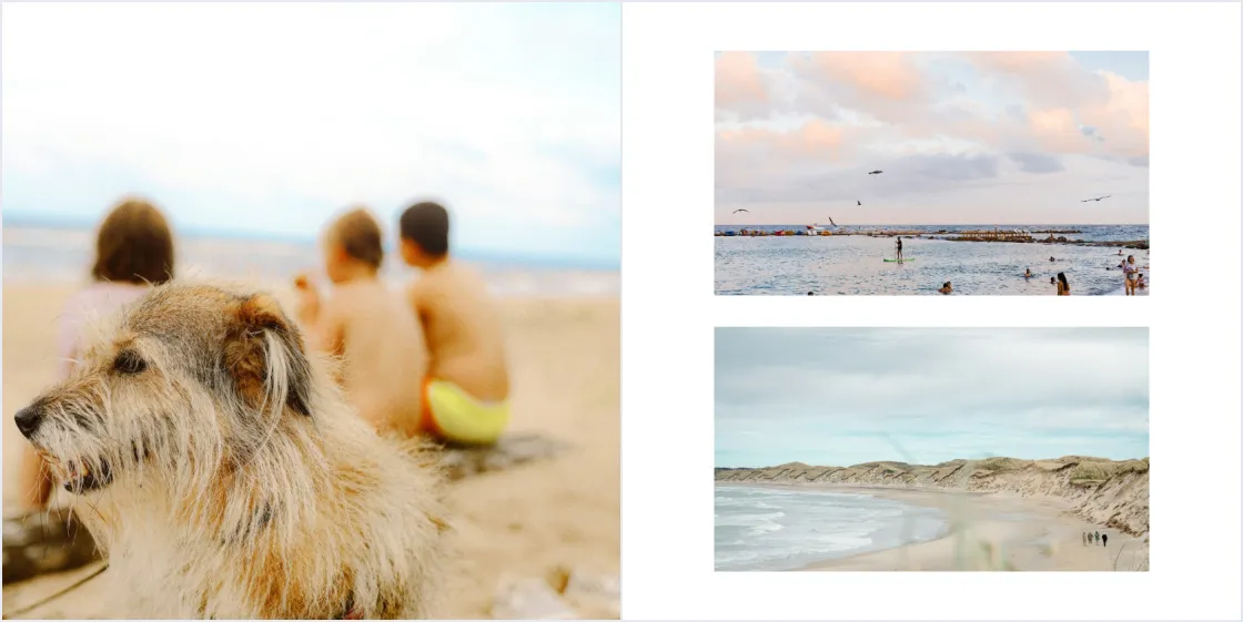 The same beach day as a calm spread, one photo on the full left page and two wide views on the right