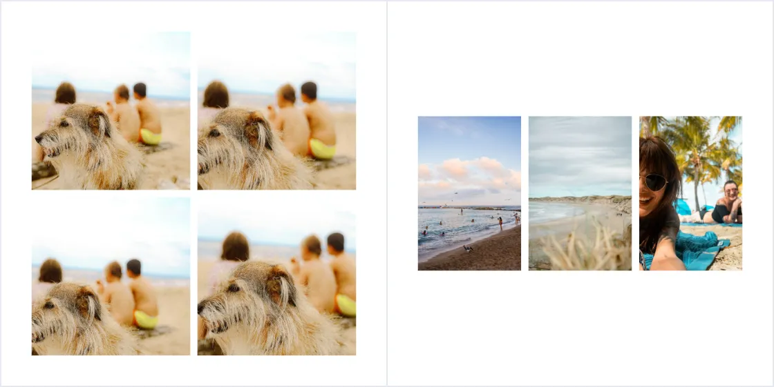 A busy photo book spread with four near copies of one beach photo and three small photos